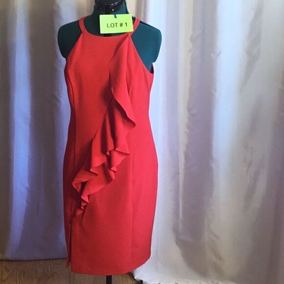 Sexy sleeveless red dress with front ruffle in size 14 by VINCE CAMUTO - Picture 2 of 14